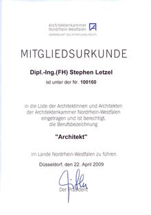 Architekturkammer NRX Mitgliedsurkunde Stephen Letzel